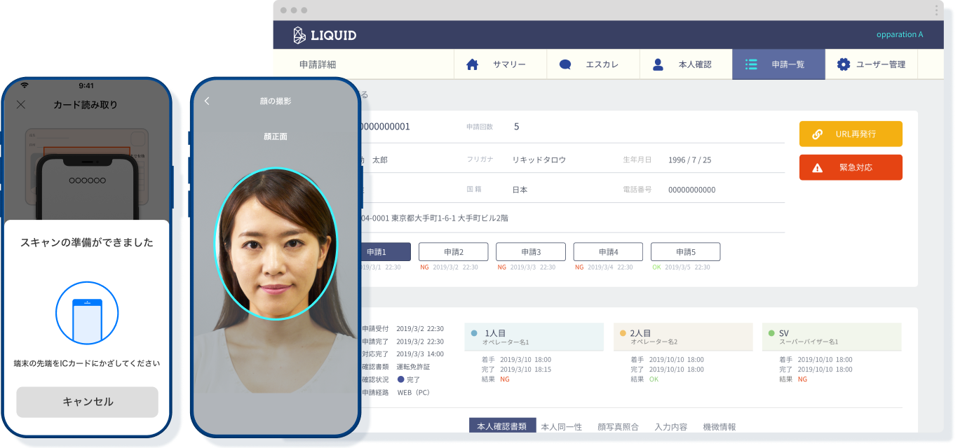 エンドユーザーによる本人確認書類のICチップ読取と 本人容貌の撮影、事業者の審査管理までの全機能を、ワンストップで提供します。